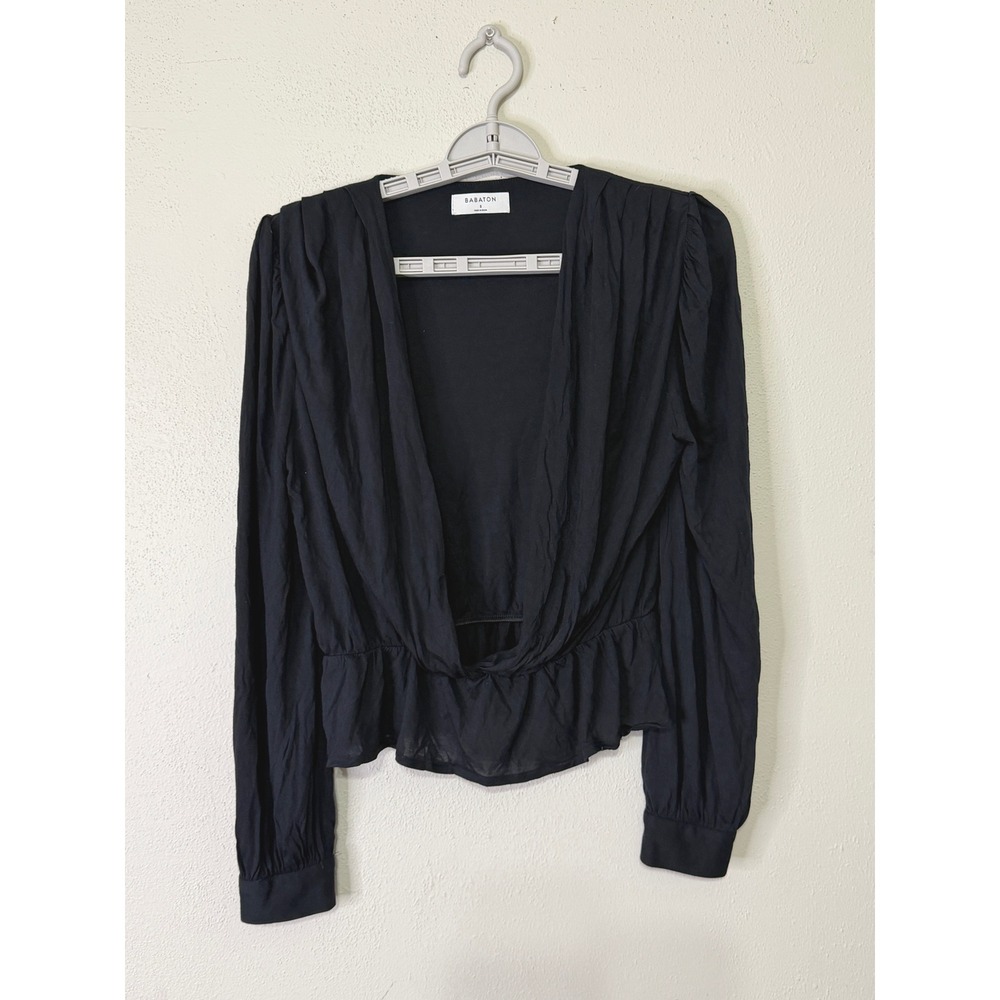 Babaton Aritzia Blouse Womens S Black Surplice Peplum Long Sleeve Minimalist